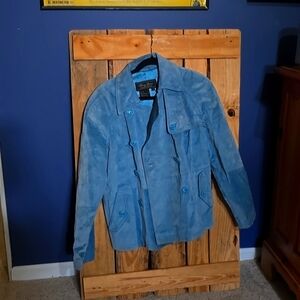 100% genuine leather, poly lined blue suede jacket.